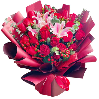 大连22朵红玫瑰百合，爱的火焰