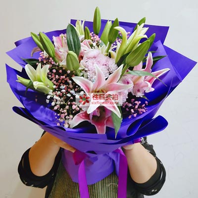大连6支粉色多头百合，真诚的问候